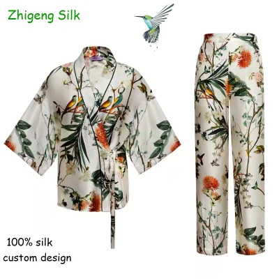 Woman′s 100% Pure Mulbeery Silk Pajama Set Custom Printed Silk Kimono
